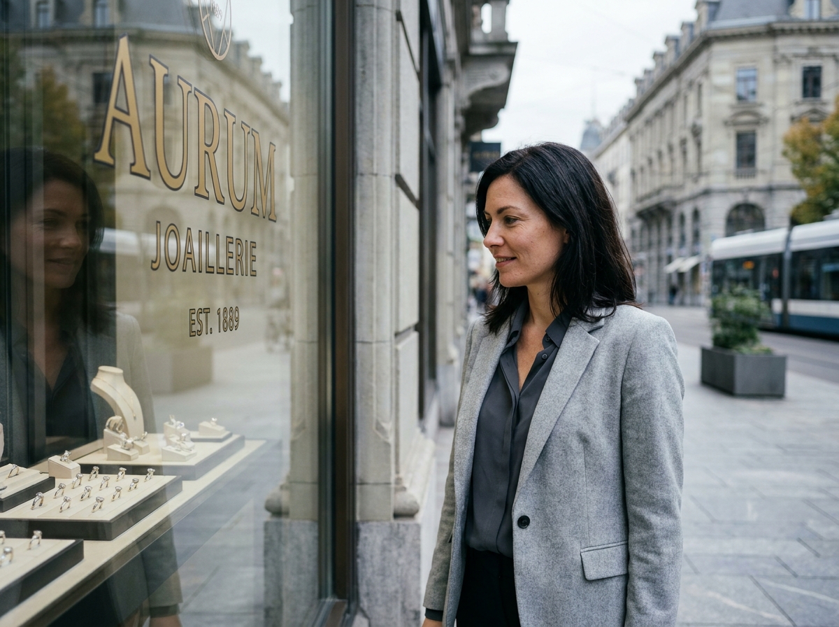 Femme devant la vitrine d'une bijouterie de luxe en ville regardant des bagues de marque abordables