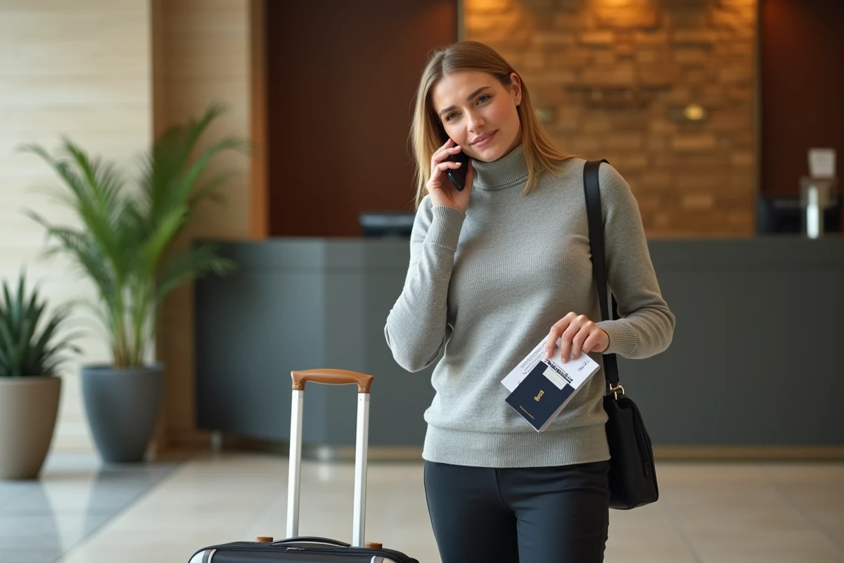 Voyageuse contactant le service Flying Blue depuis le hall d'un hôtel avec passeport et carte d'embarquement
