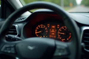 Tableau de bord Peugeot 208 avec plusieurs voyants orange et jaune allumés sur l'instrumentation numérique